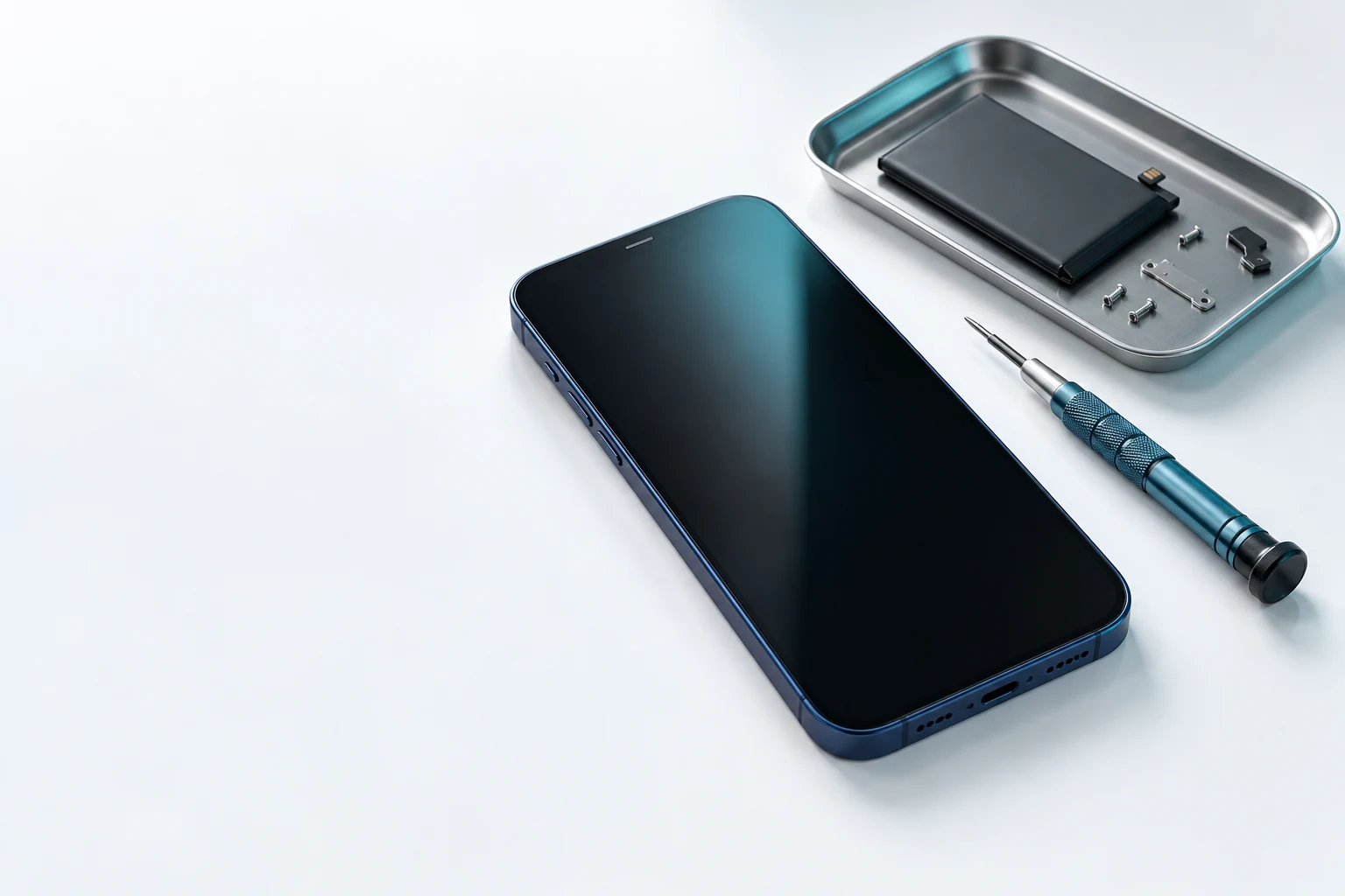 A smartphone and precision repair tools on a clean work surface